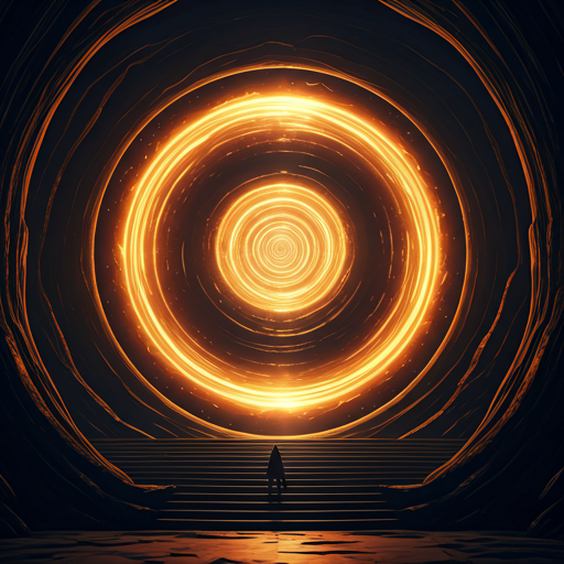 Cinematic high fantasy scene of a massive golden aetheric portal swirling with magical energy in a dark obsidian chamber