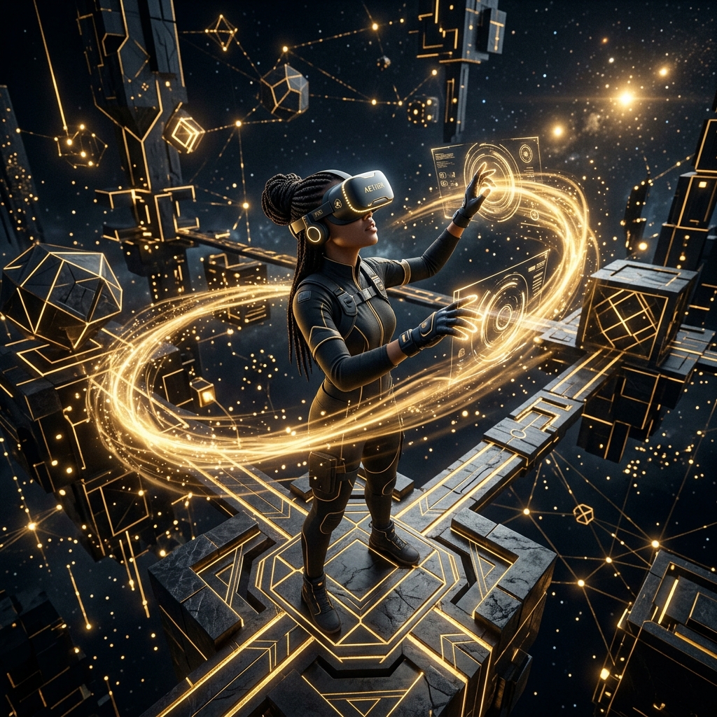 Atmospheric visualization of a VR user interacting with a digital multiverse of glowing geometric primitives